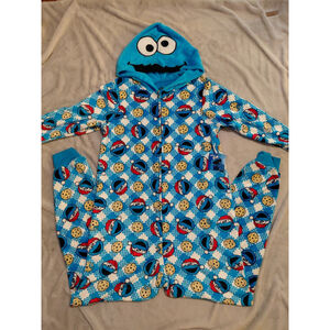 Sesame Street Cookie Monster Pajama Suit Adult Fleece Santa Hooded Size Large